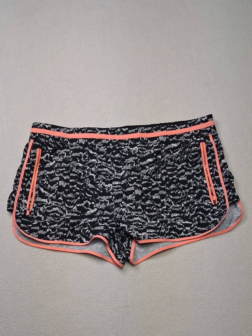 Fabletics Black Patterned Athletic Shorts with Coral Trim